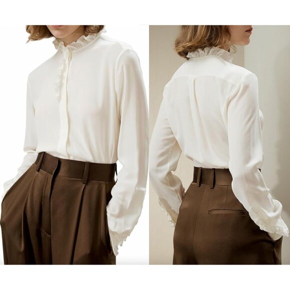 $165 NWT Lilysilk Ivory Crepe Silk Ruffle Shirt Blouse size 2 - Picture 1 of 12